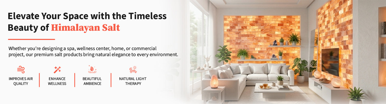 Himalayan salt brick wall in a spa relaxation room with lounge chairs