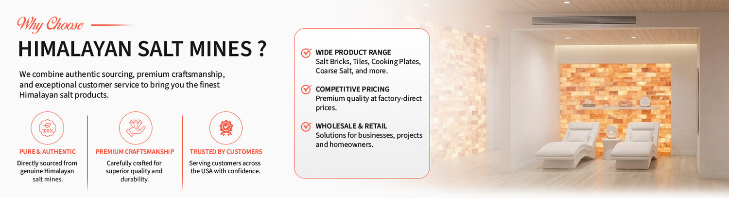 Himalayan salt products including bricks, lamps, boulders, coarse salt, and cooking plates displayed with mountain backdrop