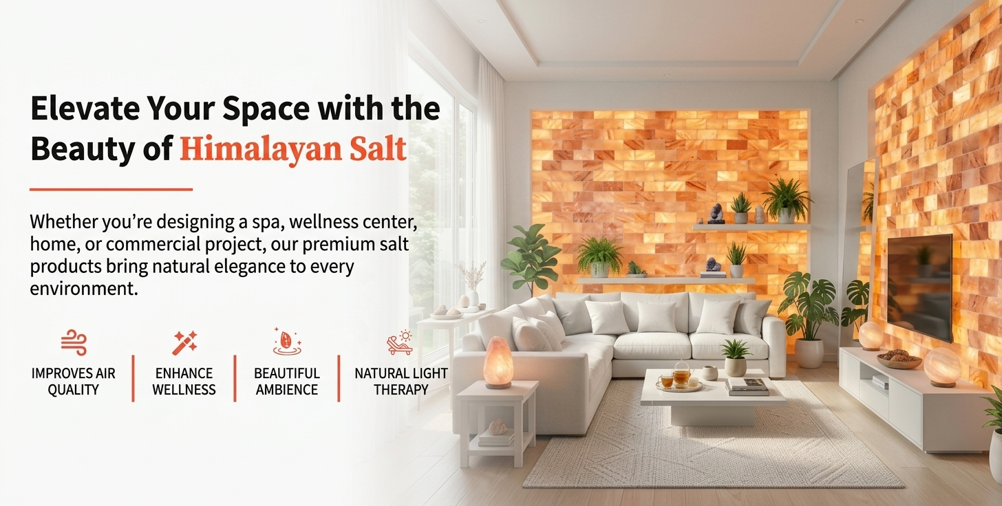 Himalayan salt brick wall in a spa relaxation room with lounge chairs